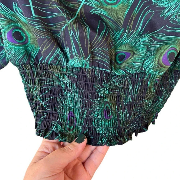 MICHAEL Michael Kors Peacock Print Blouse Ruched Waist Strappy Arms Size Medium - Picture 6 of 9
